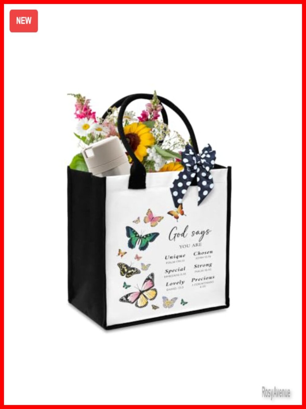 Canvas Tote Bag with Ribbon Religious Butterfly Beach Travel Shopper